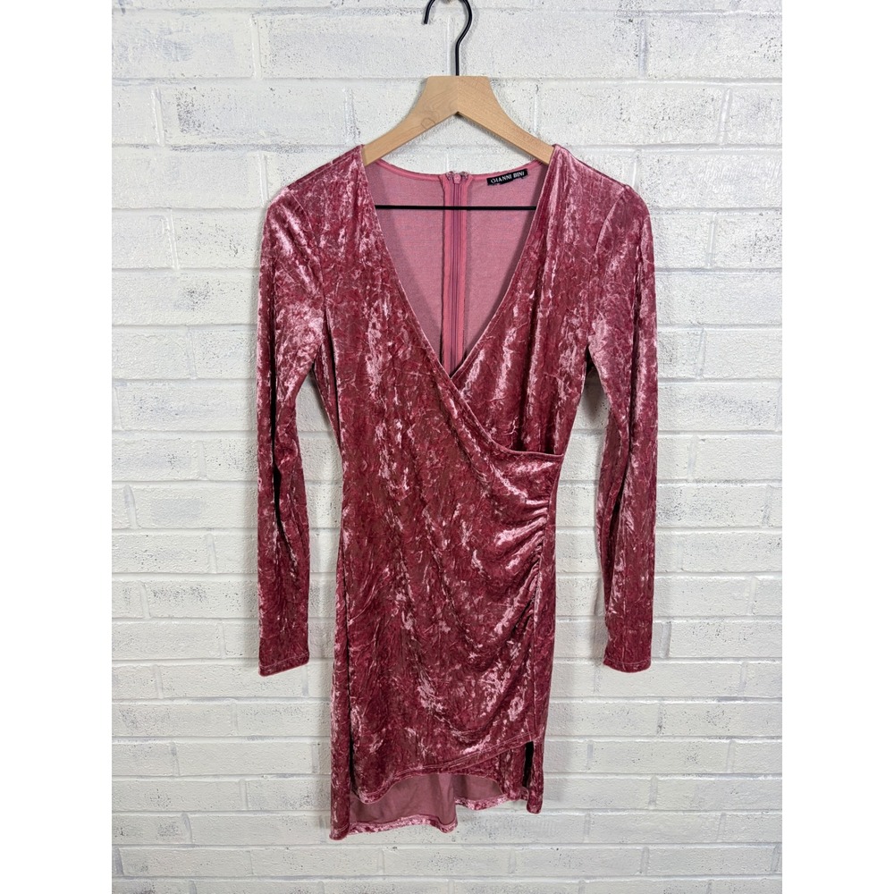 Gianni Bini Crushed Velvet Mini Dress Womens S Pink Ruched Faux Wrap Long Sleeve